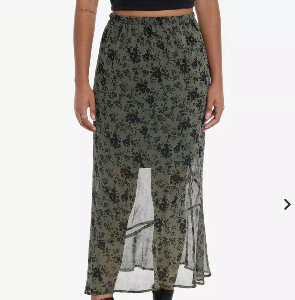 Olive Green Floral Maxi Skirt